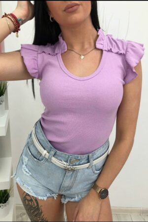 Дамска тениска с ефектни къдрици в лилав цвят код T0098