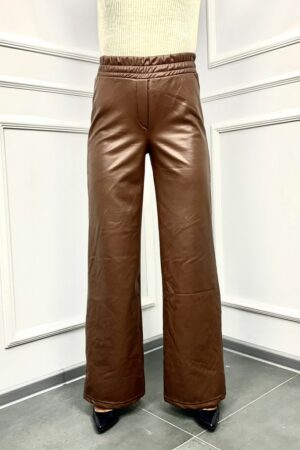 Дамски широк панталон от еко кожа в кафяв цвят код PN0002-4