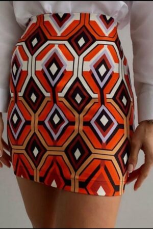 Дамска къса пола в кафяво - оранжеви цветове  R0124