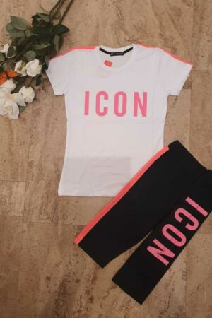Дамски екип с късо клинче цвят черно и тениска цвят бяло с неон розов надпис ICON код E0002-2