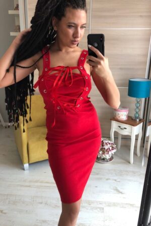 Дамска рокля с връзки и капси в цвят червен код R0001/2