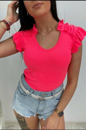 Дамска тениска с ефектни къдрици в цвят неон розово код T0098-4